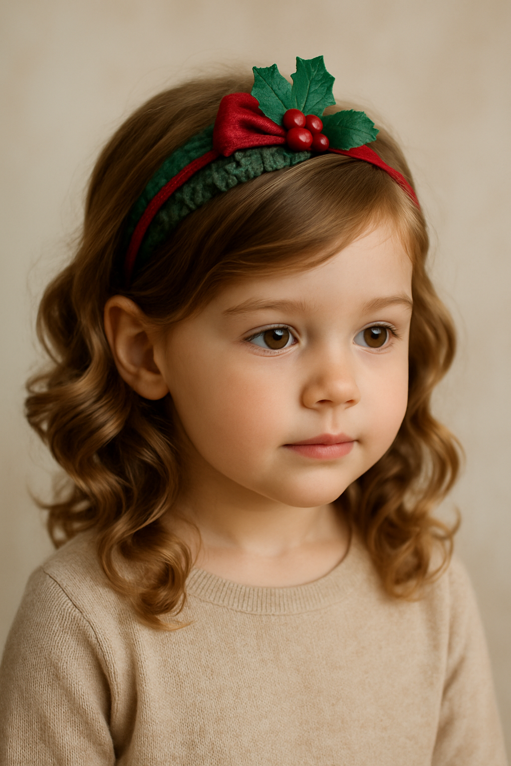 A young girl with side swept curls wearing a holiday-themed headband with holly and berries.