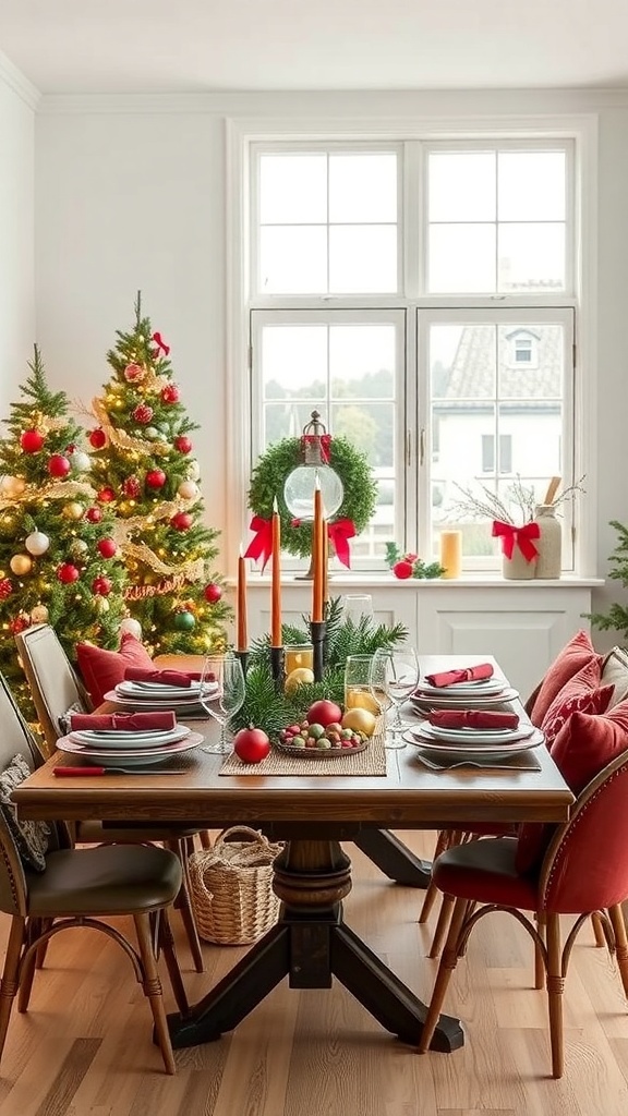 A cozy Christmas dining table setting with red napkins, elegant plates, and a festive centerpiece.