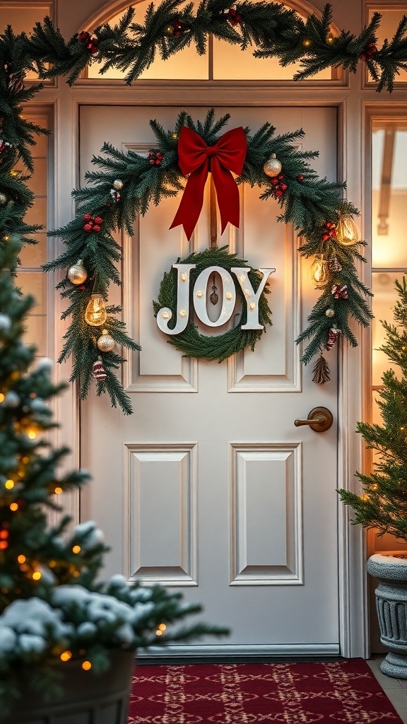 A winter wreath on a front door featuring the word 'JOY' and a red bow, surrounded by greenery and ornaments.