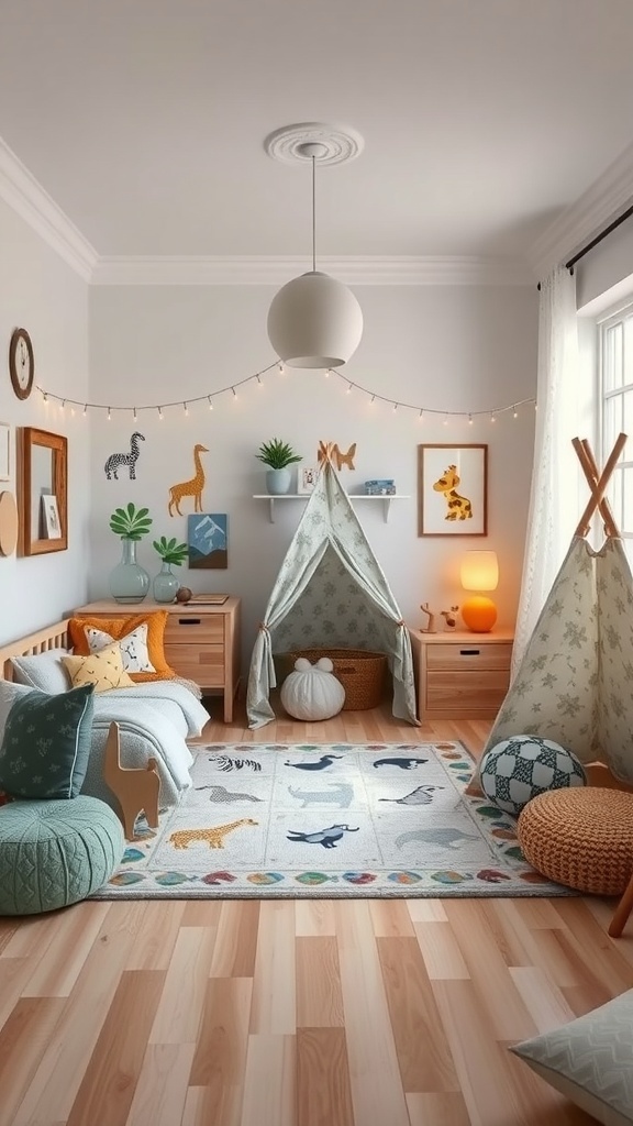 A boy's bedroom designed with a jungle safari theme, featuring animal motifs, teepees, and warm colors.