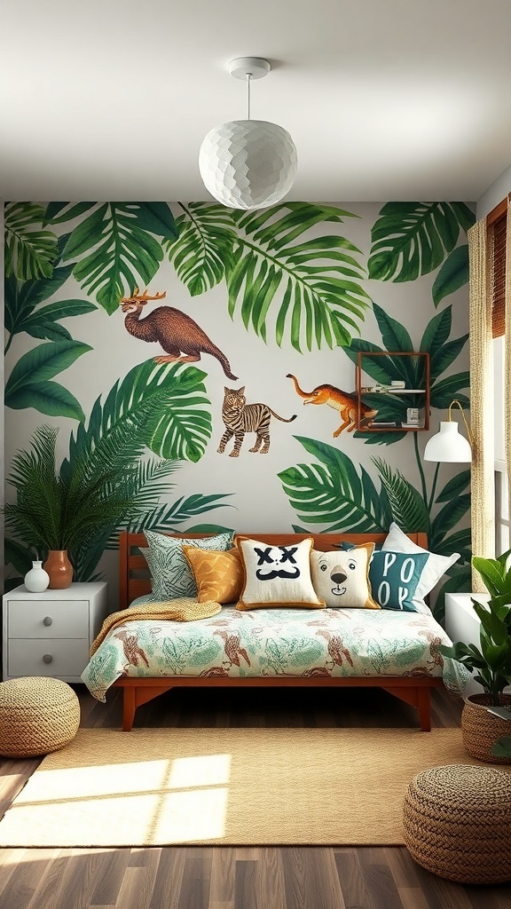 A boy's bedroom designed with a jungle safari theme featuring a mural of tropical leaves and animals, a cozy bed with colorful pillows, and natural decor elements.