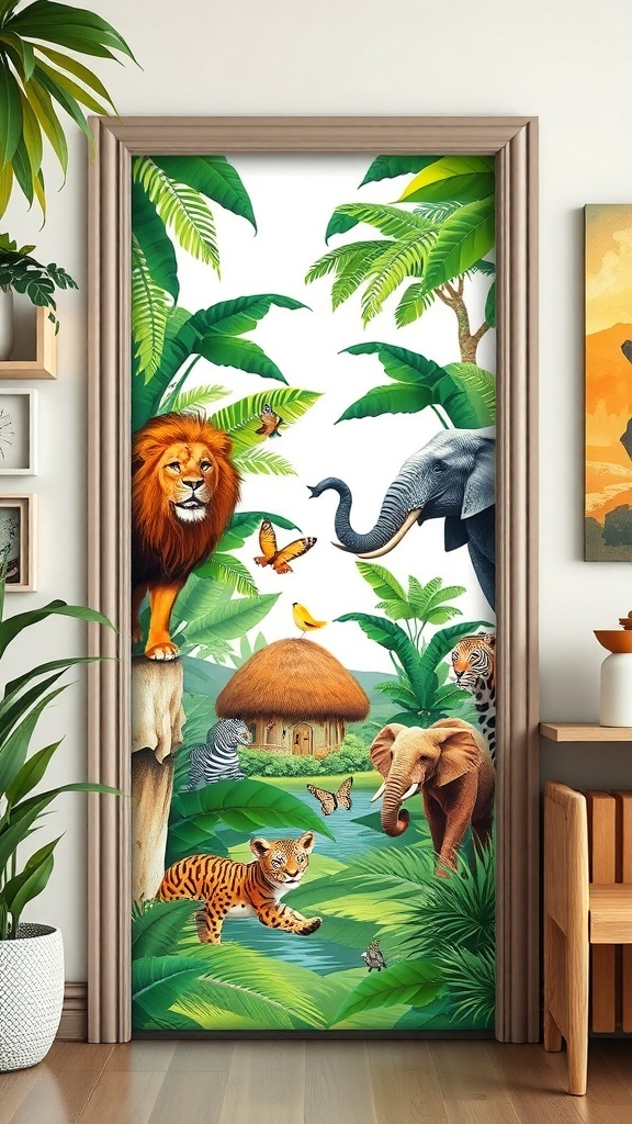 A classroom door decorated with a jungle safari scene featuring a lion, elephant, tiger, and tropical plants.