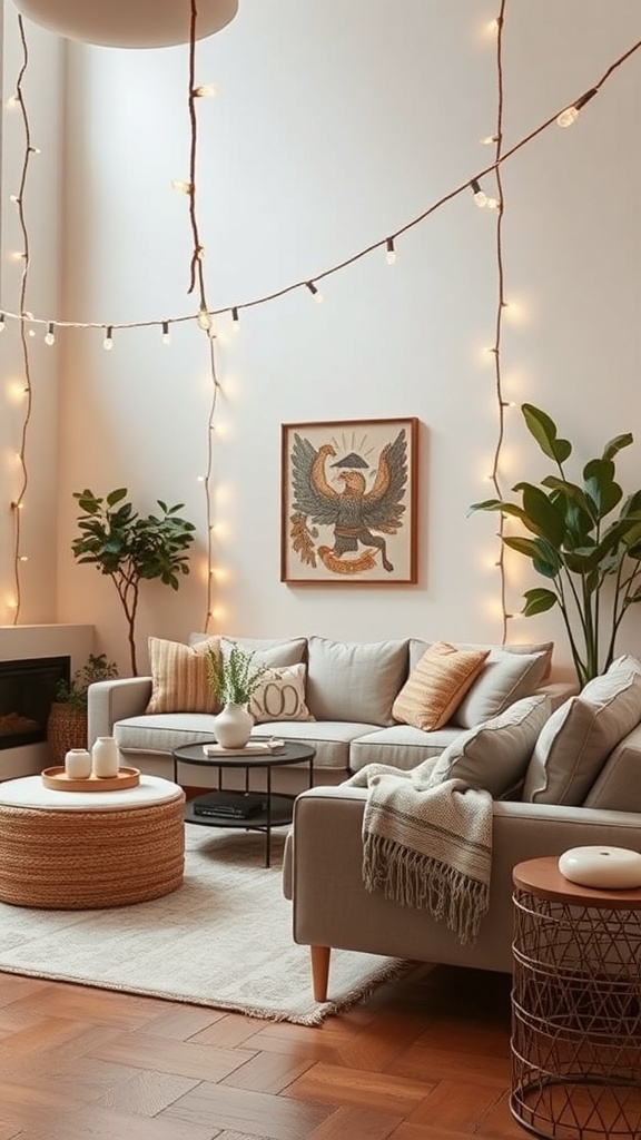 A cozy living room with jute and cotton string lights hanging from the ceiling, featuring plants and a jute coffee table.