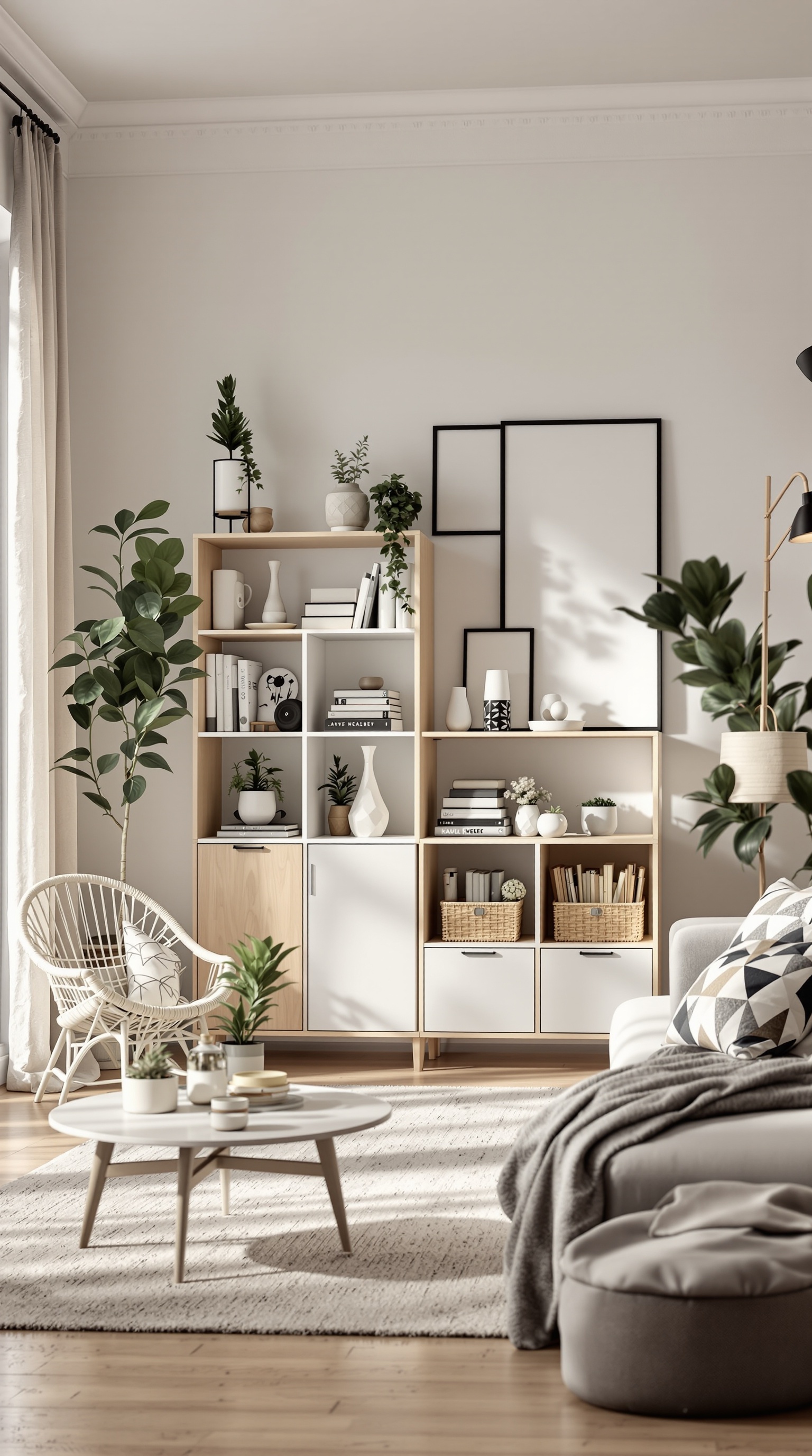 A stylish Kallax storage unit in a cozy living room with plants and decorative items.