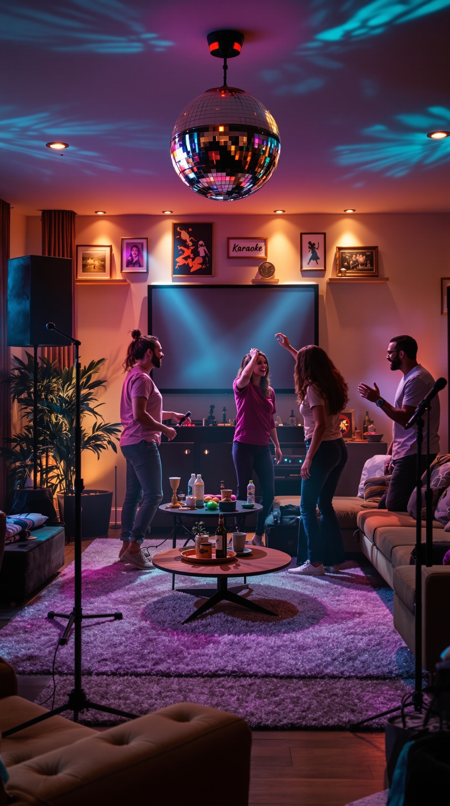 A lively karaoke and dance area with a disco ball, colorful lights, and people enjoying music.