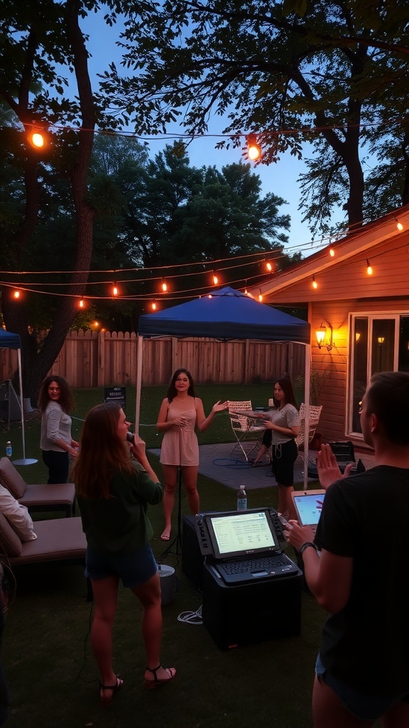 Karaoke corner setup at a backyard wedding with guests singing and having fun