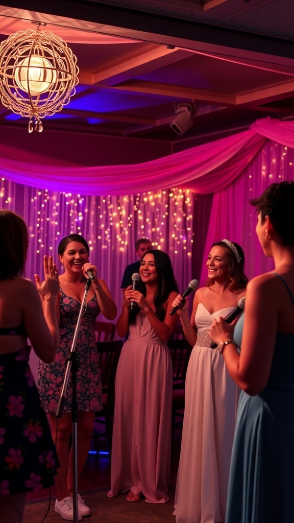 A group of women singing karaoke at a bridal shower, surrounded by festive decorations and sparkling lights.