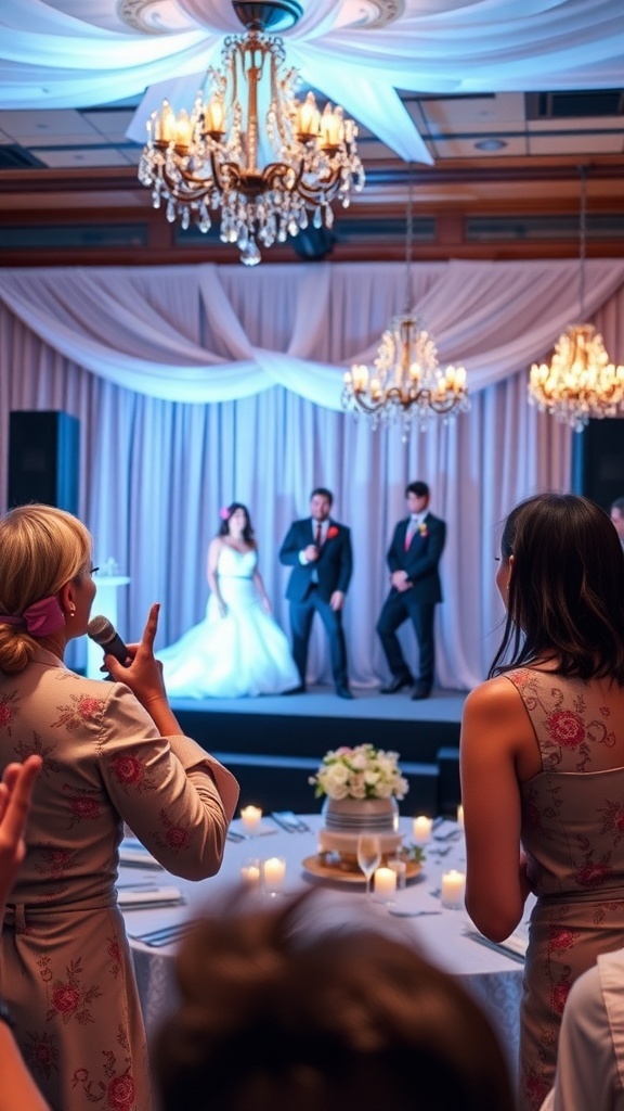 A lively wedding reception scene with guests enjoying karaoke on stage, showcasing the couple and friends singing together under chandeliers.
