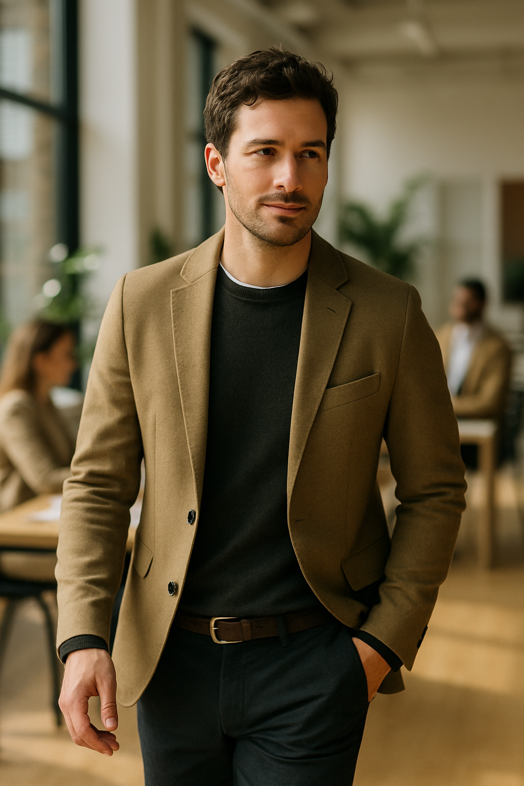 A man wearing a khaki blazer in a professional setting, demonstrating style and confidence.