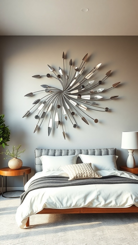 A kinetic metal wall art piece in a modern bedroom, featuring a swirling design with metallic elements.