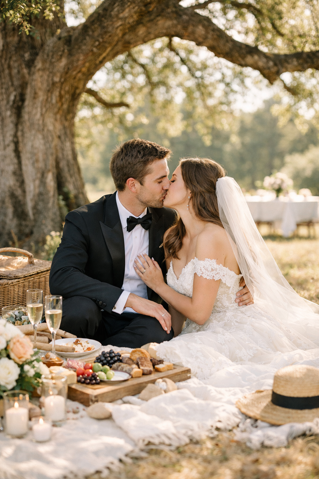 A couple sharing a kiss under a large tree during a picnic, with a beautifully arranged picnic spread in front of them.
