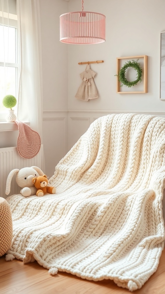A cozy cream knit baby blanket draped over a chair in a nursery, with stuffed animals nearby.