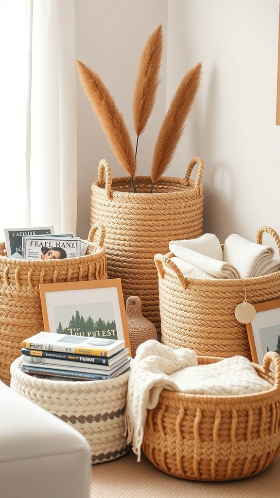 A collection of cozy knit baskets in various sizes, filled with blankets and books, with pampas grass in one basket.