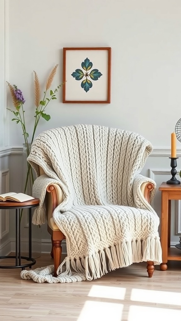 A cozy armchair with a knitted cover, a side table with a candle and book, and a framed artwork in a bright room.