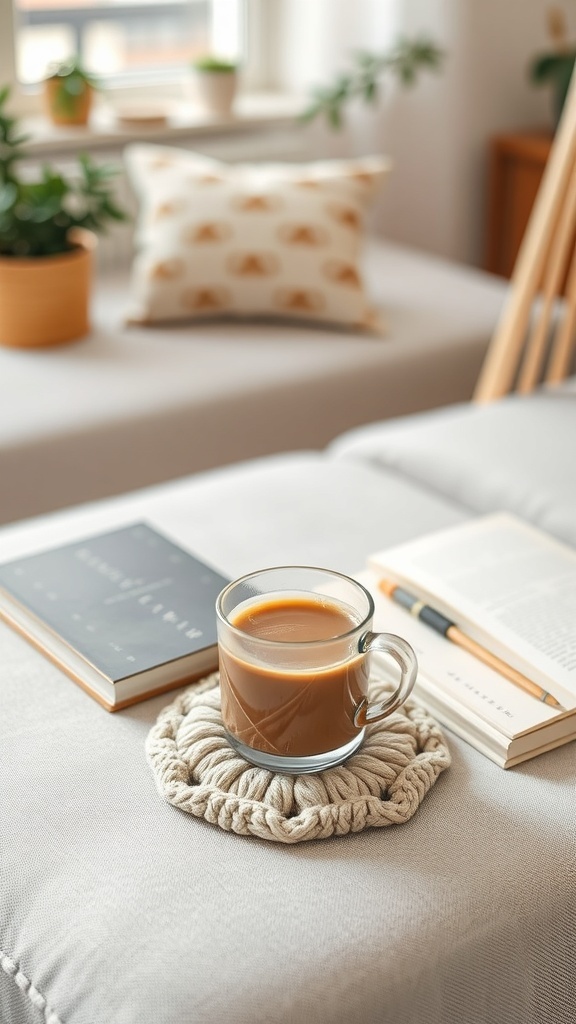 A cup of coffee on a knit coaster with books and plants in the background.