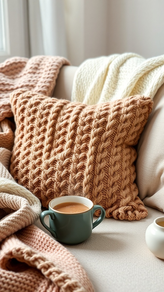 A cozy knit pillow on a sofa with blankets and a cup of tea