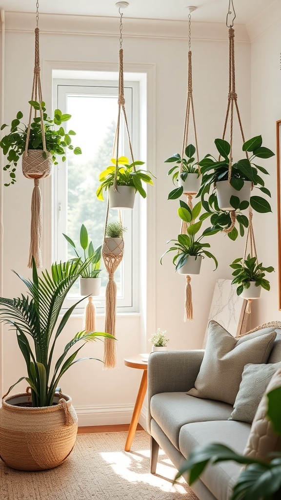 A cozy room with knit plant hangers displaying various green plants near a window.