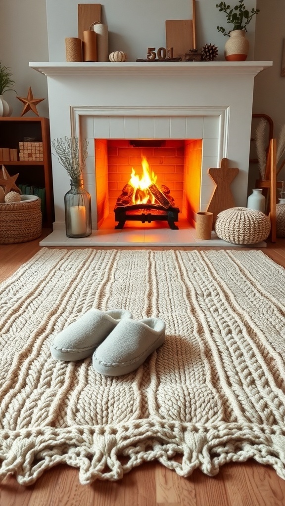 A cozy knit rug in front of a fireplace with slippers on it, creating a warm and inviting atmosphere.