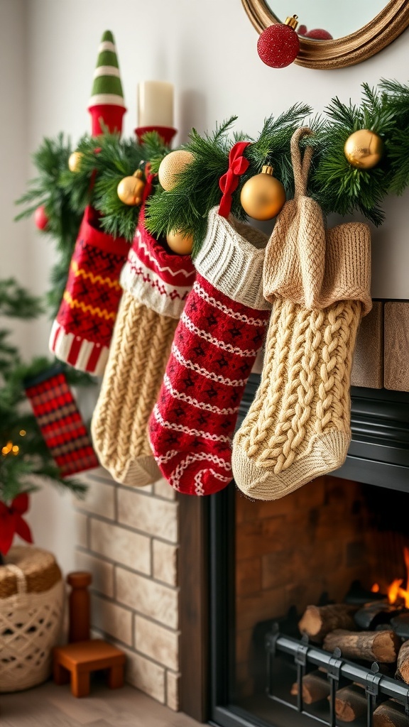 A cozy display of colorful knit stockings hanging by a fireplace, decorated with a garland and ornaments.