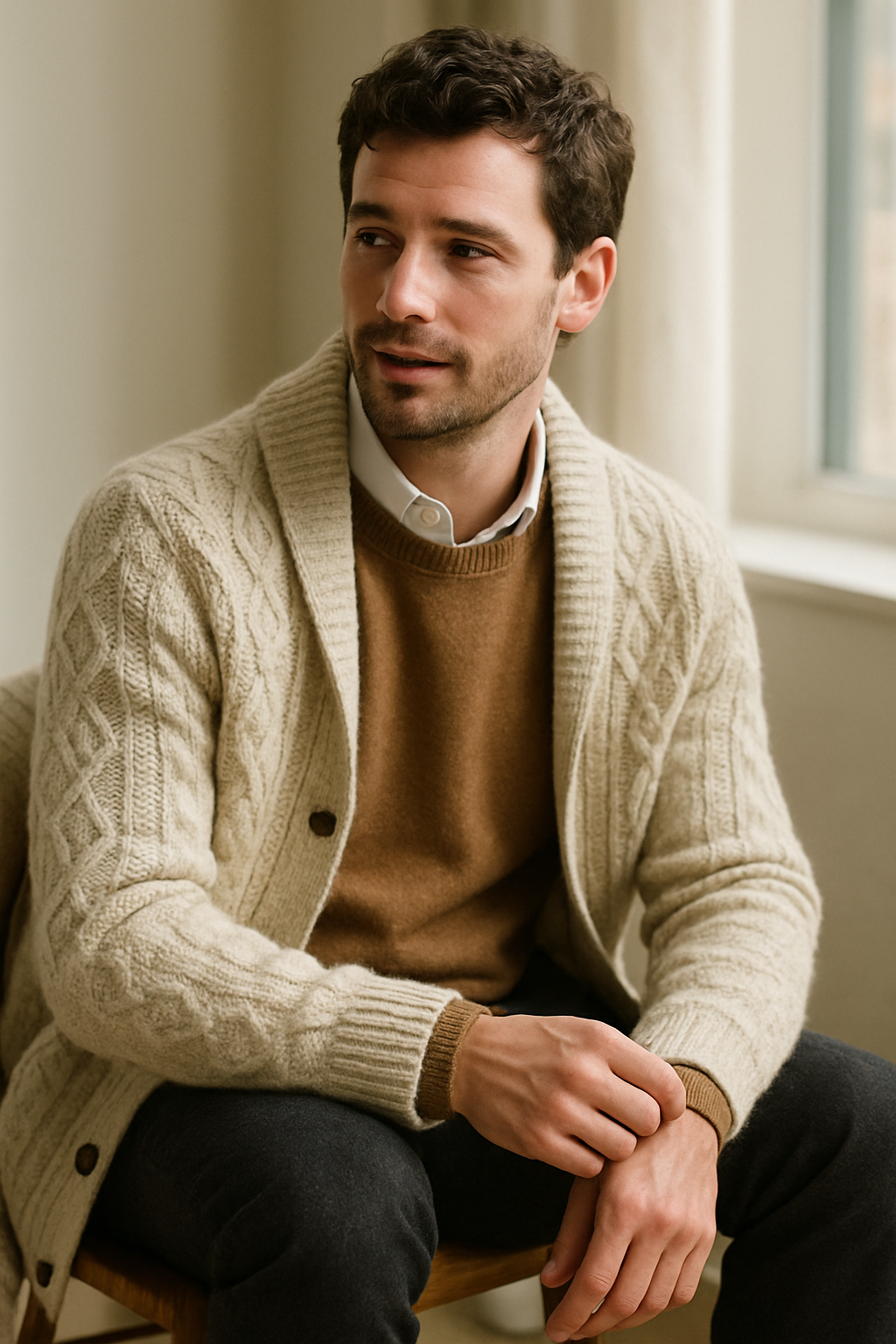 A man wearing a knit cardigan over a brown sweater, seated in a bright room.