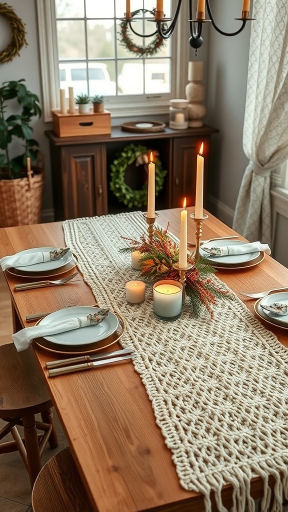 A cozy knit table runner on a wooden dining table with plates, candles, and greenery.