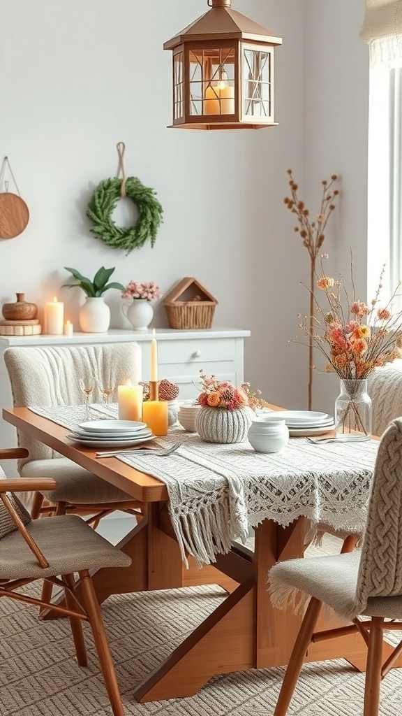 A cozy dining table decorated with a knitted table runner, candles, and floral arrangements.