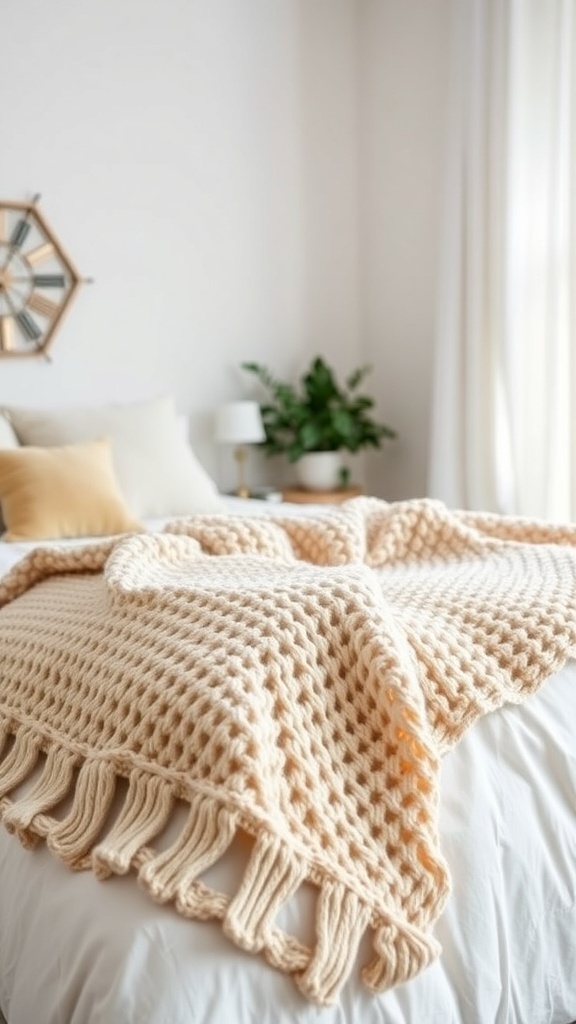 A cozy knit throw blanket on a bed with decorative pillows and a plant in the background.