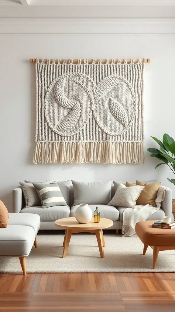 A cozy living room featuring knit wall art above a light-colored sofa with wooden furniture.