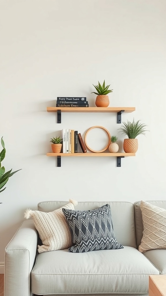 Cozy knit decor with wall shelves displaying plants and books