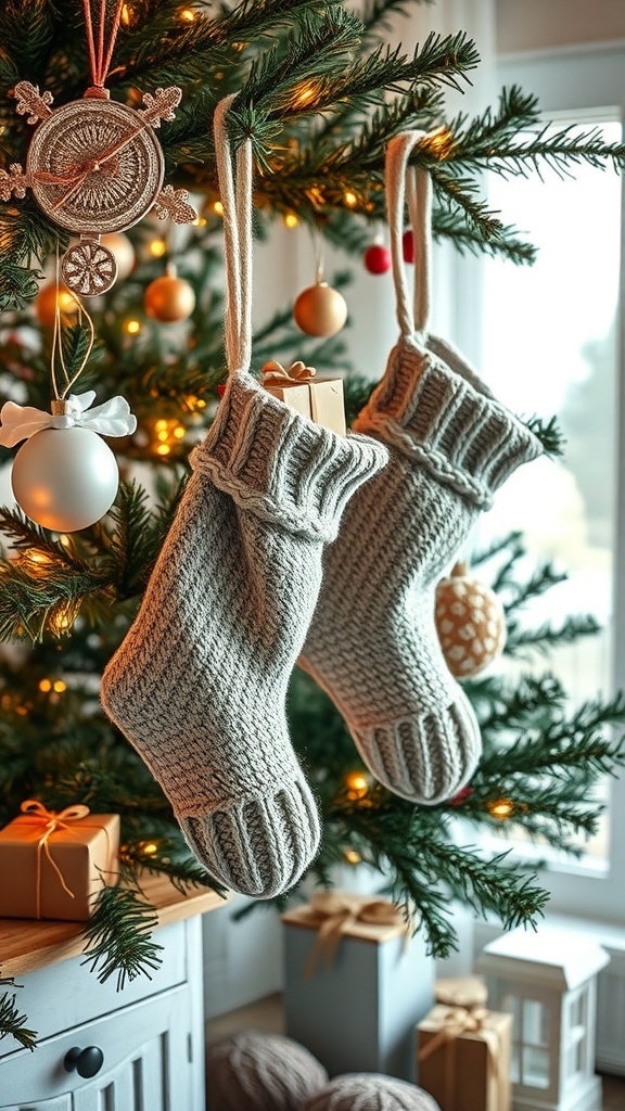 Two knitted gray stockings hanging from a Christmas tree, surrounded by ornaments and gifts.