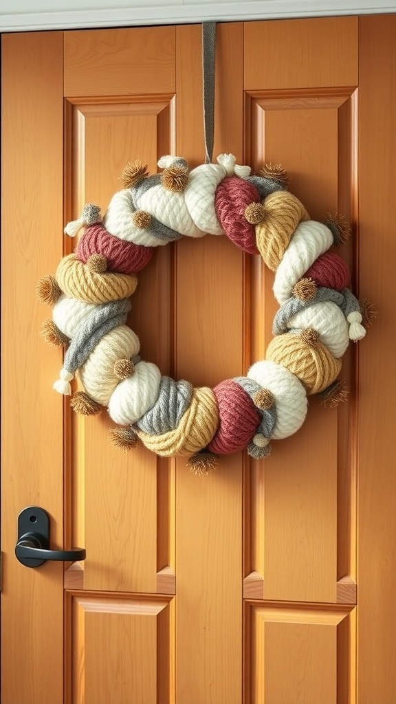 A colorful knitted yarn wreath hanging on a wooden door.