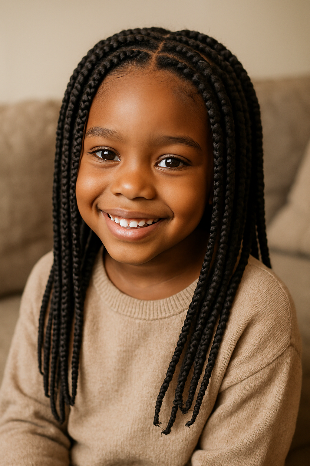 A young girl with knotless braids smiling, wearing a beige sweater.
