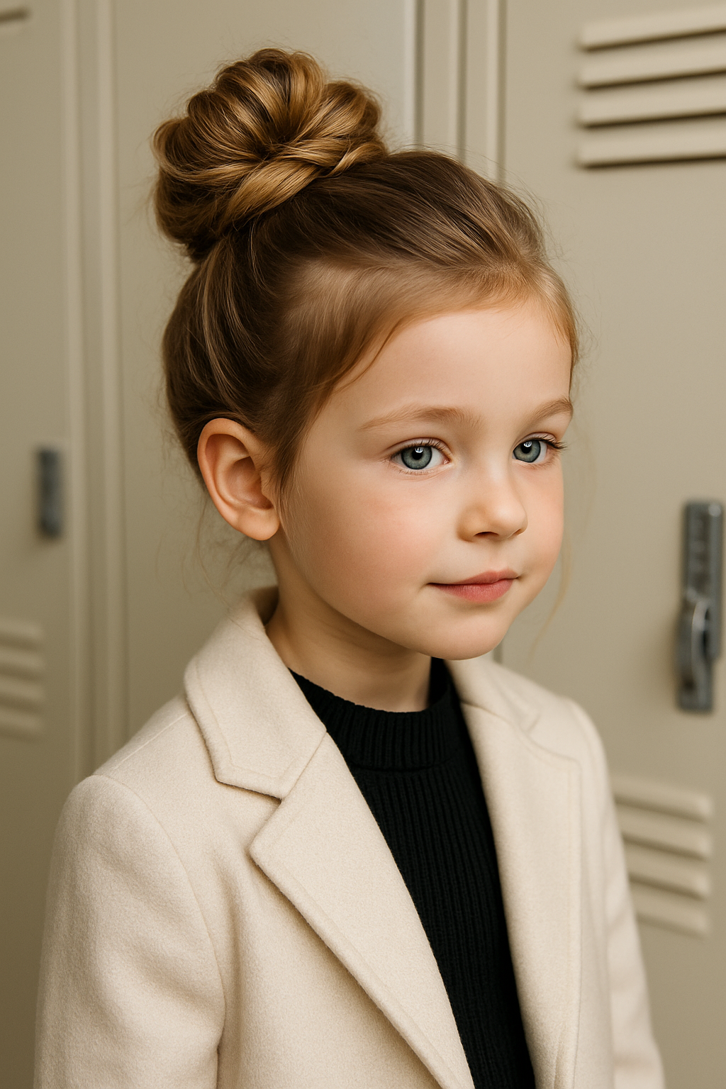 A young girl with a knotted updo hairstyle, wearing a cream-colored coat and a black top, standing in front of lockers.