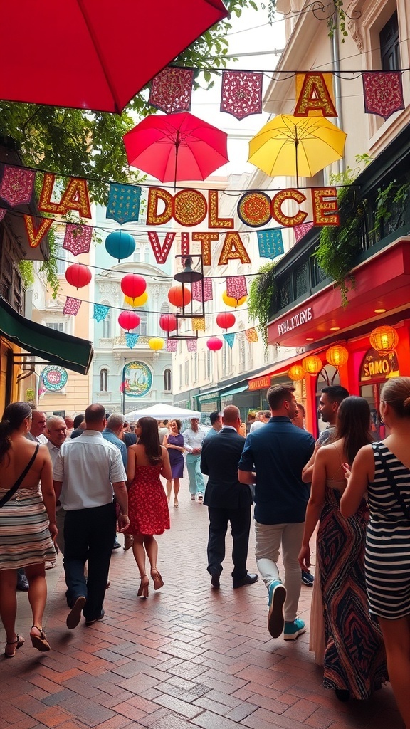 A lively street decorated with umbrellas, lanterns, and banners, with crowds enjoying the vibrant atmosphere