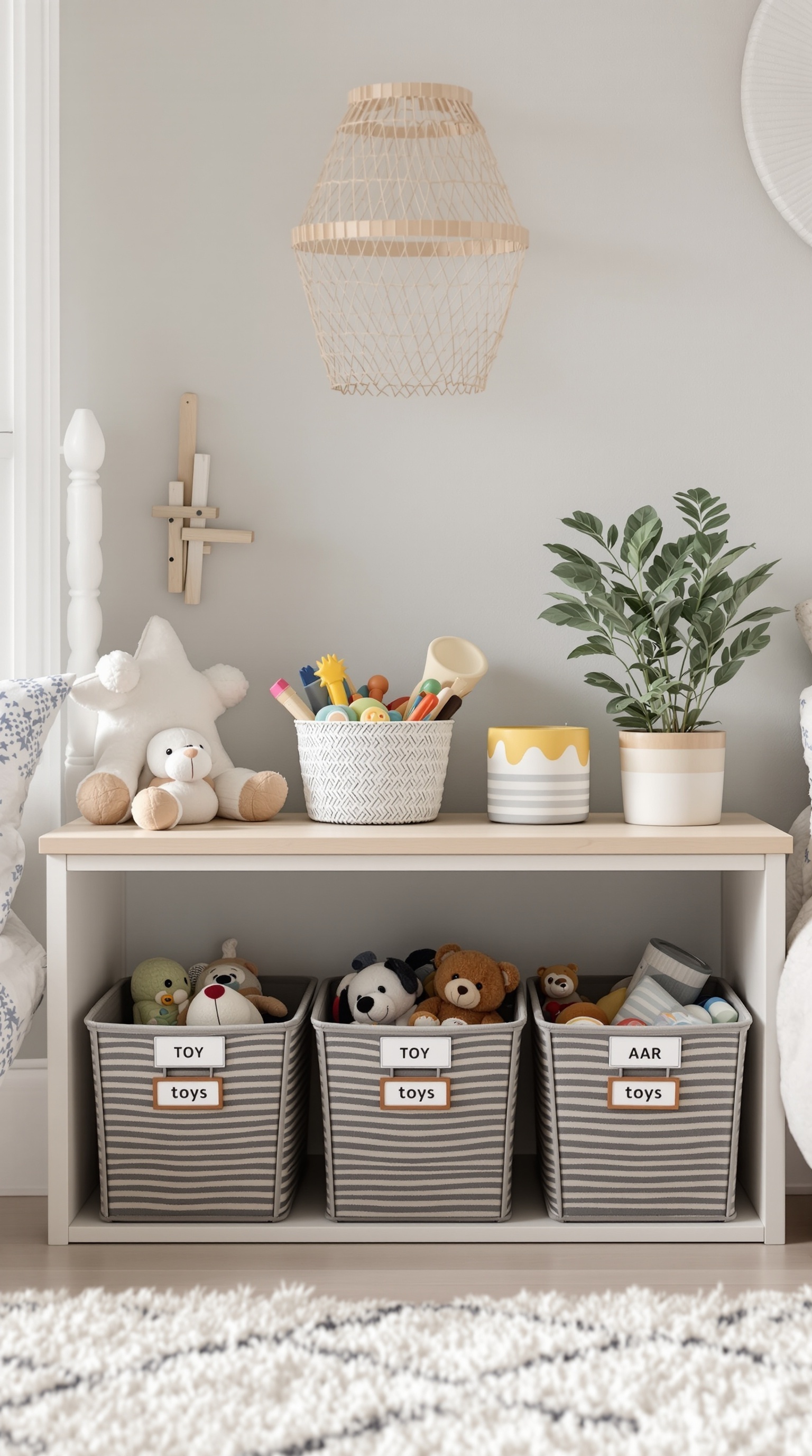 Organized toy storage with labeled baskets and a cozy decor