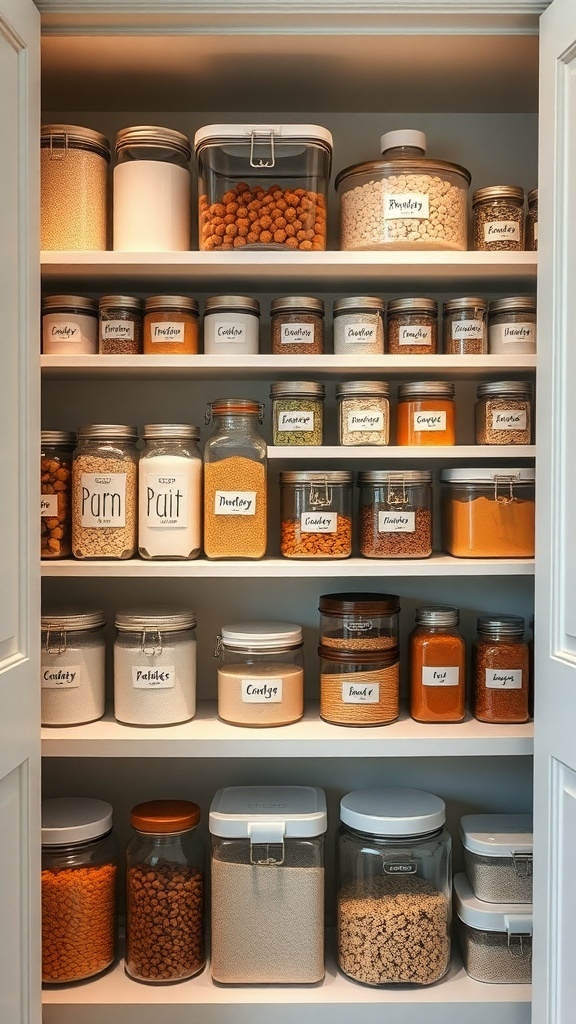 Organized narrow pantry with labeled containers for easy identification