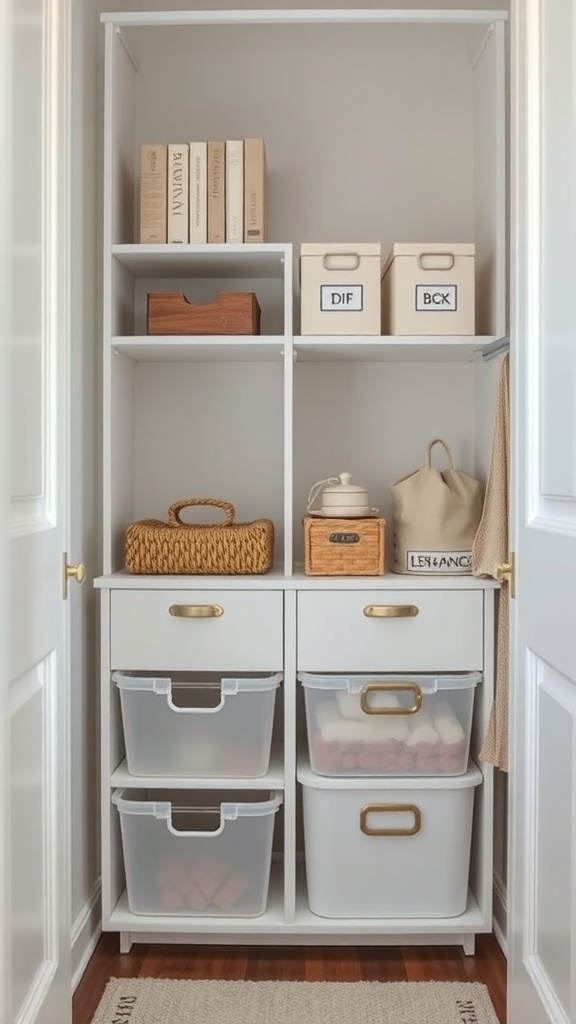 Organized small closet with labeled boxes and storage bins.