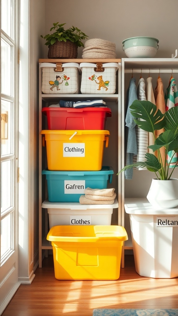 A well-organized kids' wardrobe with labeled storage bins in bright colors.