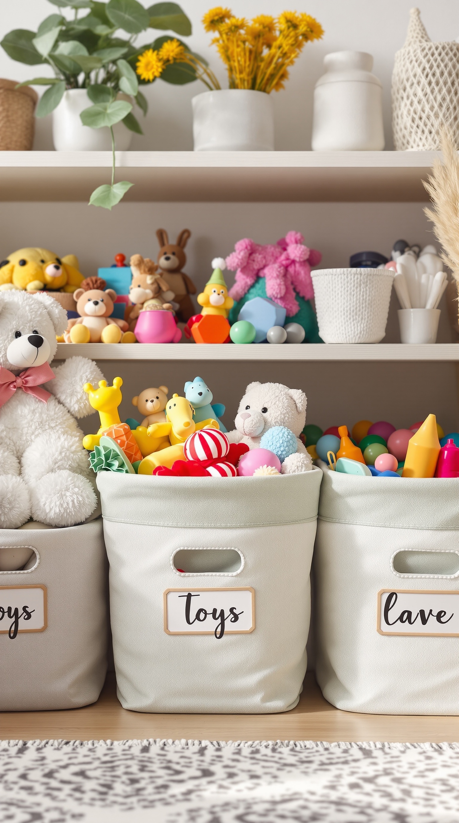 Organized toy storage with labeled bins filled with colorful toys and stuffed animals.