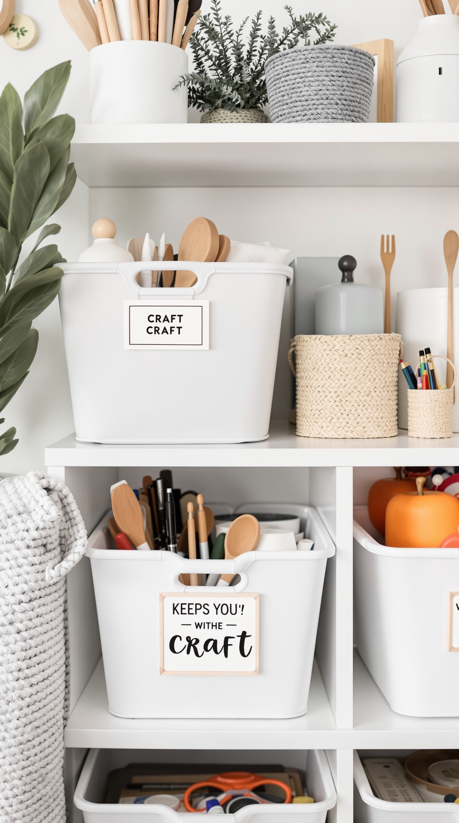 Organized kids craft storage with labeled bins on a shelf