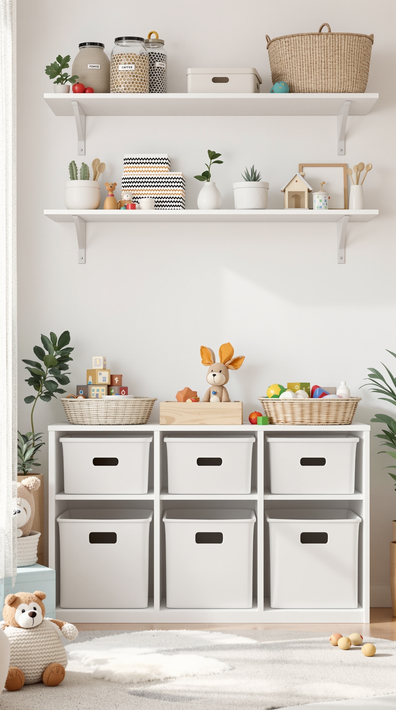A well-organized toy room with labeled storage bins and shelves.