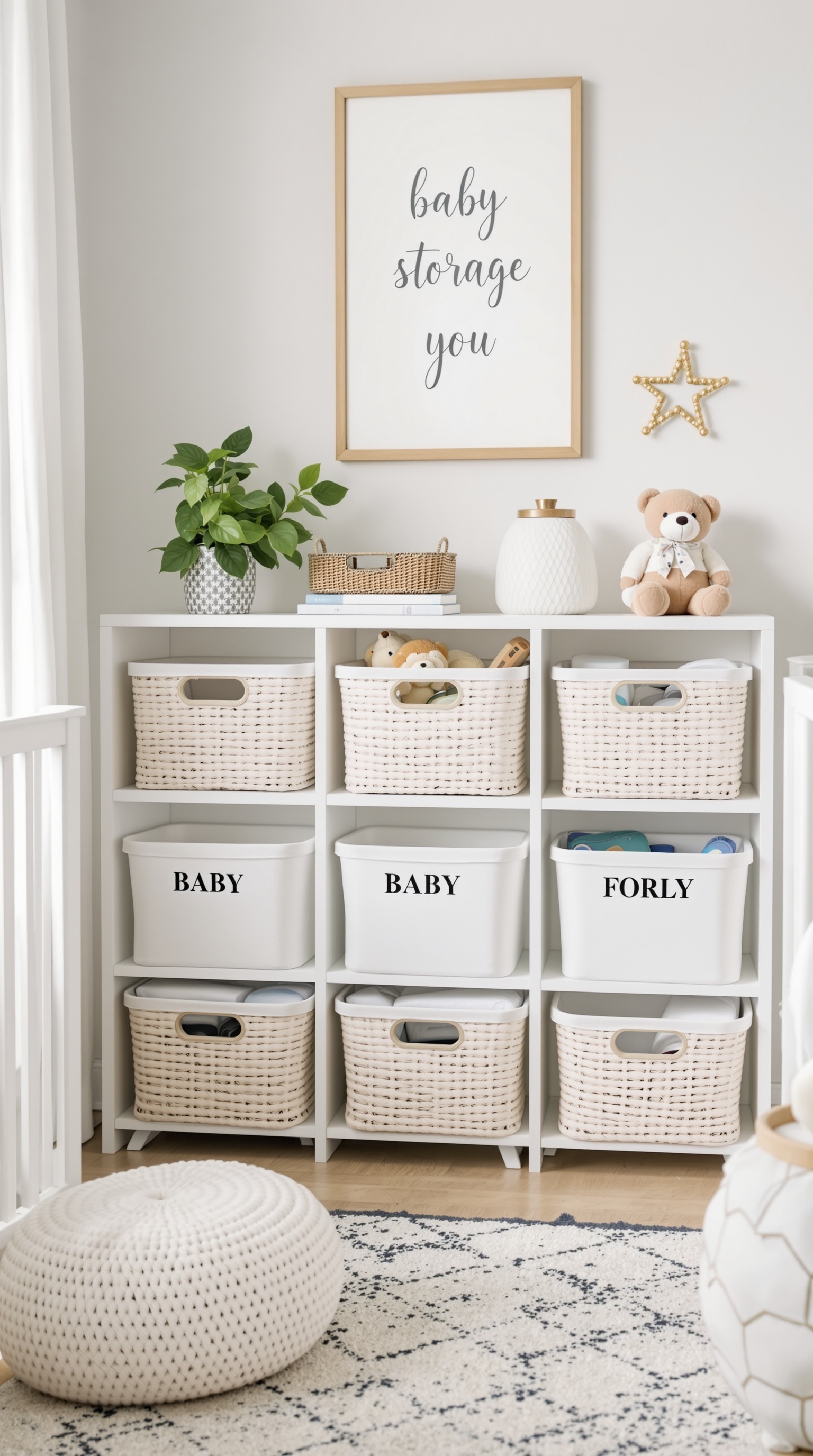 A neatly organized baby storage unit with labeled bins, showcasing a cozy nursery setup.