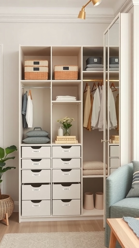 Organized wardrobe with labeled drawers and baskets