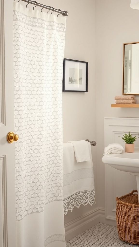 A cottagecore bathroom featuring a lace shower curtain, soft linen towels, and a small plant on the sink.