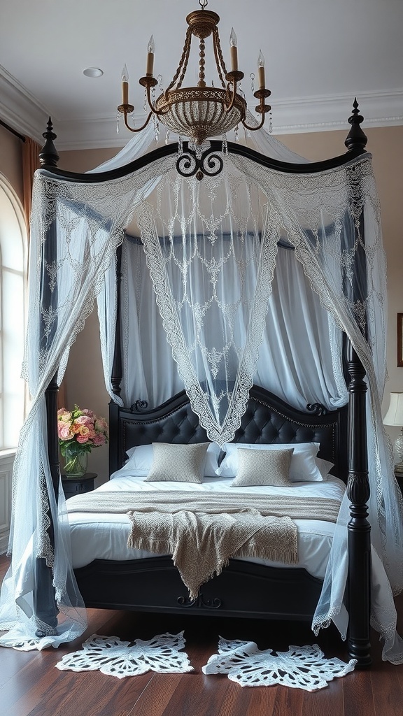 A romantic goth bedroom featuring a lace canopy over a black bed, with soft pillows and a cozy blanket.