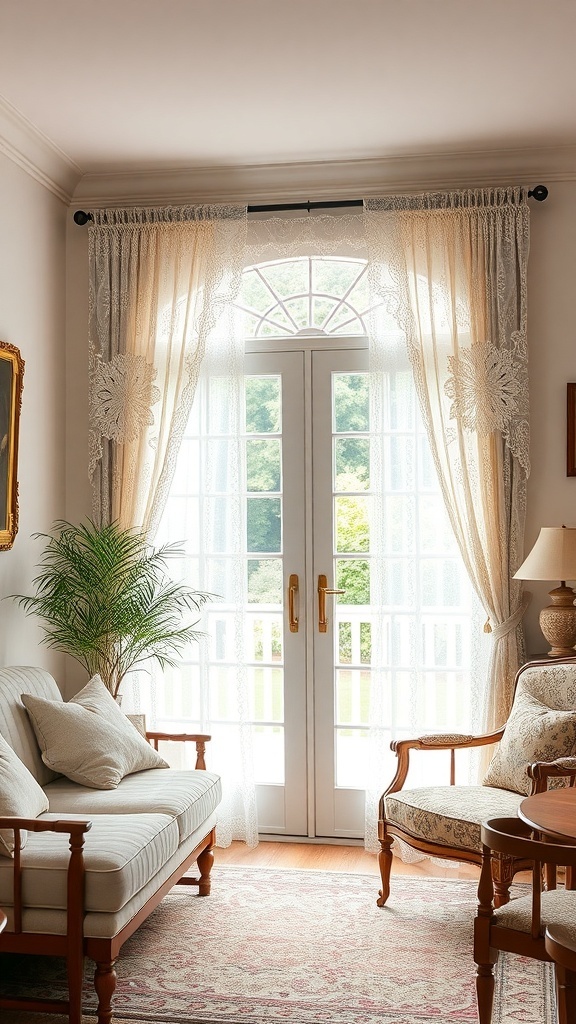 A cozy living room with lace curtains covering a sliding glass door, featuring a comfortable sofa and decorative elements.