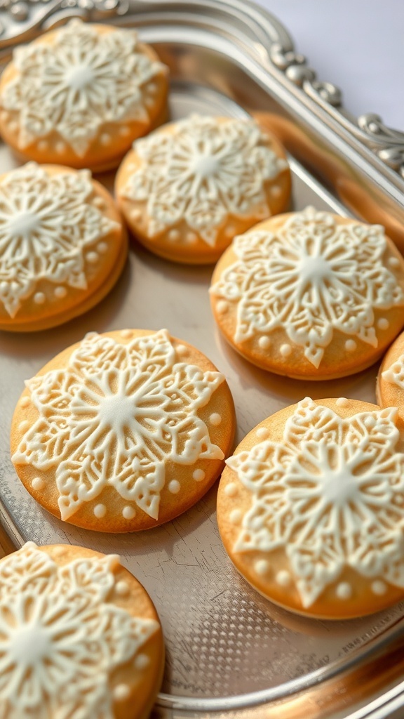 A tray of decorated lace pattern cookies with intricate white icing designs.