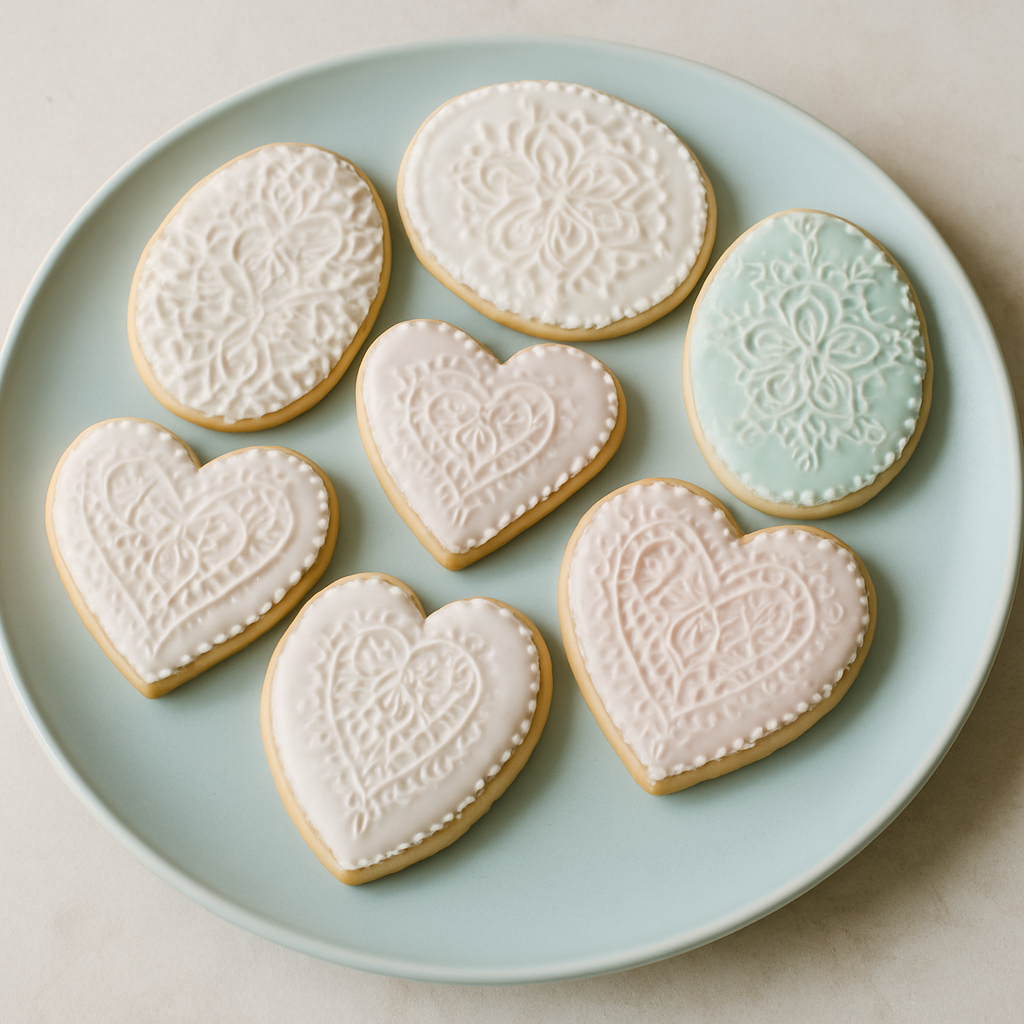 A plate of lace patterned cookies in heart and oval shapes, decorated with royal icing in soft colors.