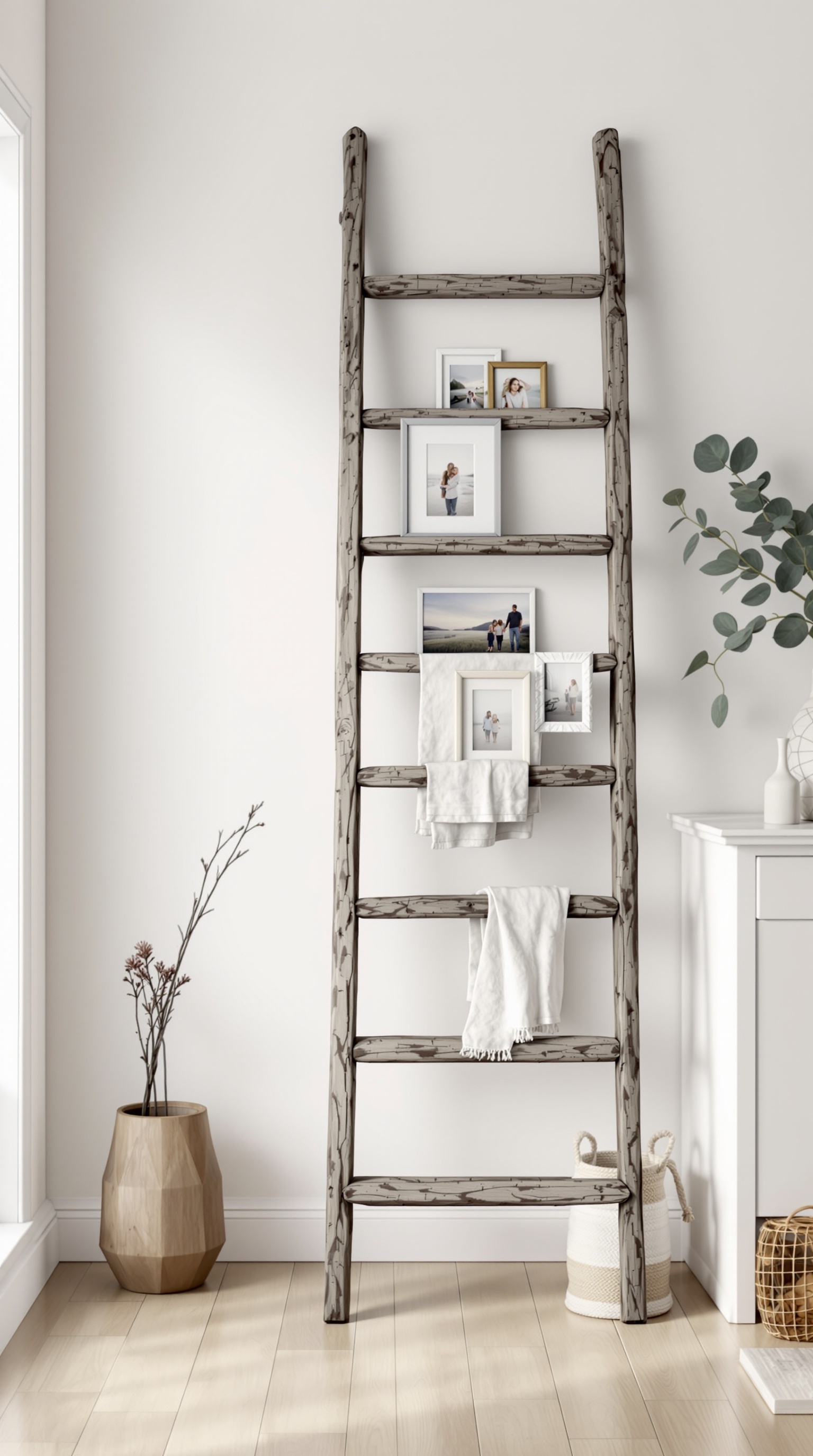 A wooden ladder display with family pictures and decorative items