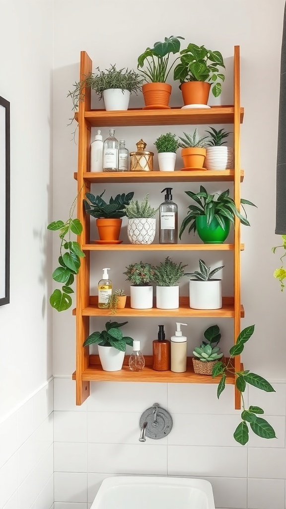 A wooden ladder shelf filled with various plants and bathroom essentials.